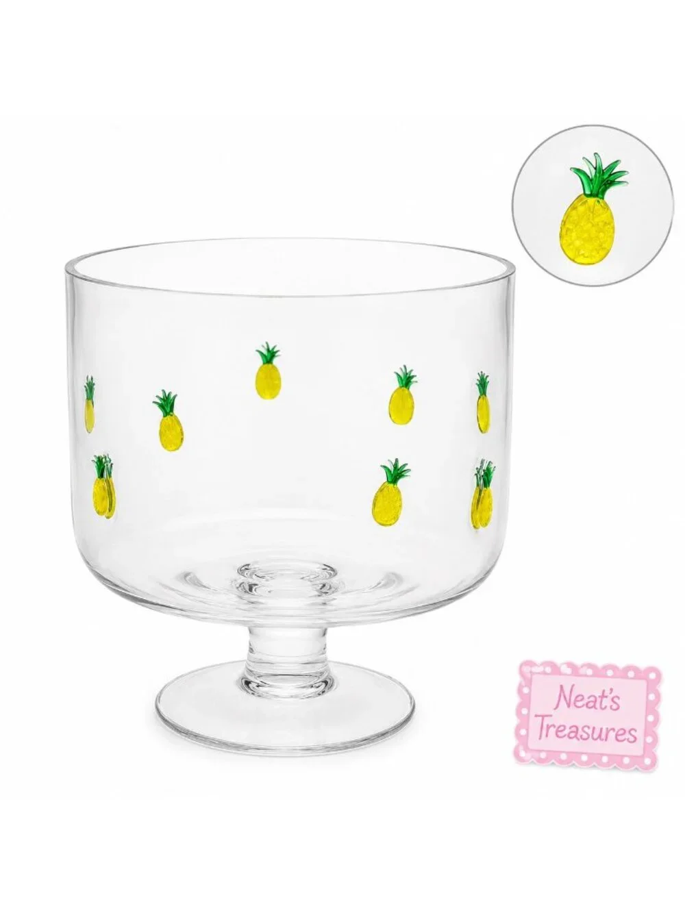 Artland WELCOME PINEAPPLE Yellow Green  Clear Blown Pedestal Truffle Glass Bowl